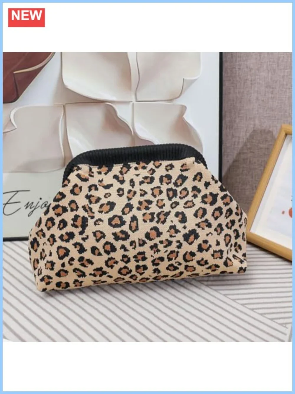 Women's Leopard Print Clutch Purse - Knit Evening Handbag with Magnetic Closure